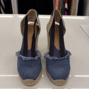 Castaner Blue Frayed Espadrille Wedge Sandals
